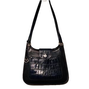 BRIGHTON Black Crocodile Embossed Front Flap Leather Shoulder Bag Heart Charm